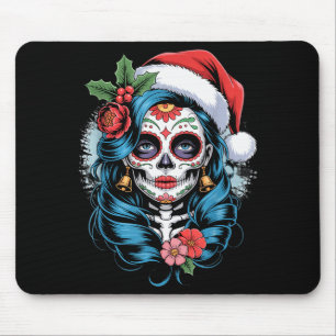 Christmas Sugar Skull Art Woman Santa Hat Festive Mouse Mat