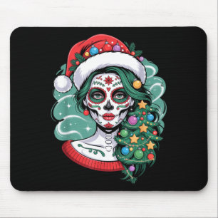 Christmas Sugar Skull Art Woman Santa Hat Festive Mouse Mat