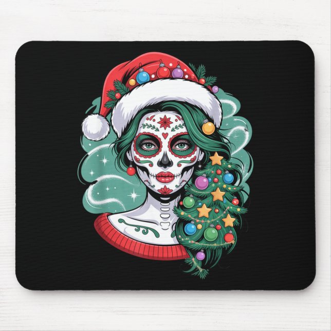 Christmas Sugar Skull Art Woman Santa Hat Festive  Mouse Mat (Front)