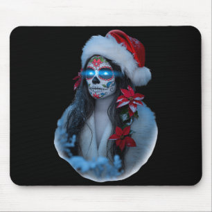 Christmas Sugar Skull Art Woman Santa Hat Festive Mouse Mat