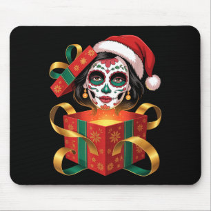 Christmas Sugar Skull Art Woman Santa Hat Festive Mouse Mat