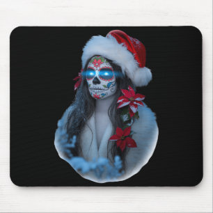 Christmas Sugar Skull Art Woman Santa Hat Festive Mouse Mat