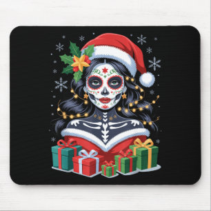 Christmas Sugar Skull Art Woman Santa Hat Festive Mouse Mat