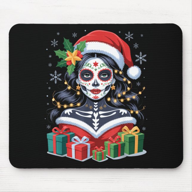 Christmas Sugar Skull Art Woman Santa Hat Festive  Mouse Mat (Front)