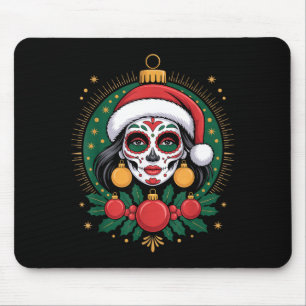 Christmas Sugar Skull Art Woman Santa Hat Festive Mouse Mat