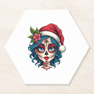 Christmas Sugar Skull Art Woman Santa Hat Festive Paper Coaster