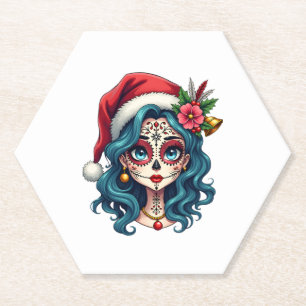 Christmas Sugar Skull Art Woman Santa Hat Festive Paper Coaster