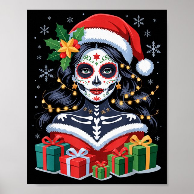 Christmas Sugar Skull Art Woman Santa Hat Festive  Poster (Front)