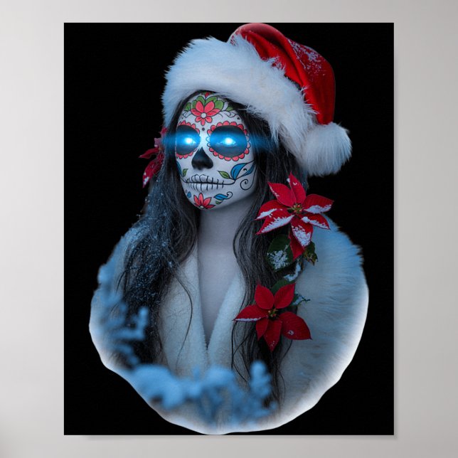 Christmas Sugar Skull Art Woman Santa Hat Festive  Poster (Front)