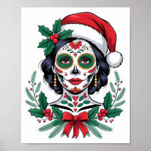 Christmas Sugar Skull Art Woman Santa Hat Festive  Poster