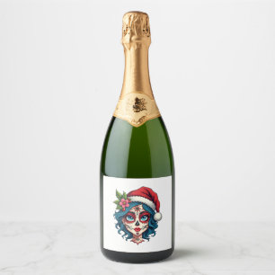 Christmas Sugar Skull Art Woman Santa Hat Festive Sparkling Wine Label