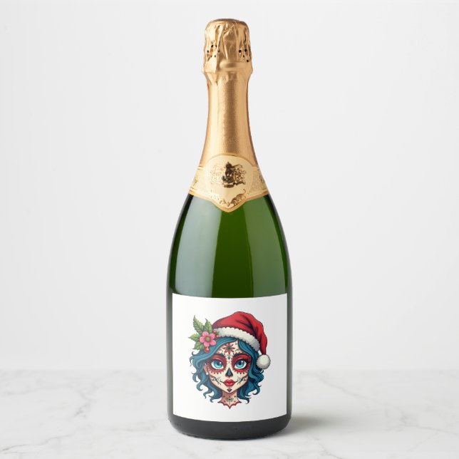 Christmas Sugar Skull Art Woman Santa Hat Festive  Sparkling Wine Label (Front)