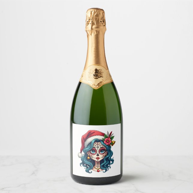 Christmas Sugar Skull Art Woman Santa Hat Festive  Sparkling Wine Label (Front)