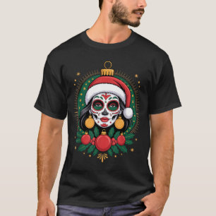 Christmas Sugar Skull Art Woman Santa Hat Festive T-Shirt