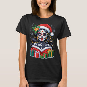 Christmas Sugar Skull Art Woman Santa Hat Festive T-Shirt