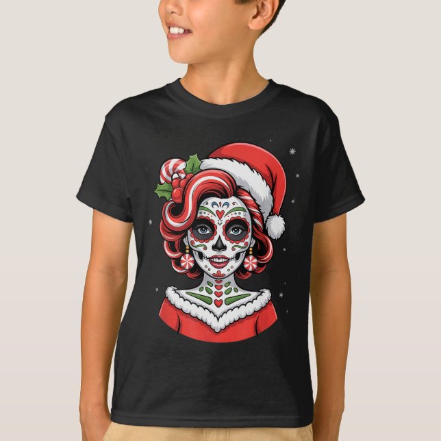 Christmas Sugar Skull Art Woman Santa Hat Festive  T-Shirt (Front)