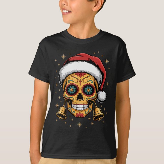 Christmas Sugar Skull Art Woman Santa Hat Festive  T-Shirt (Front)