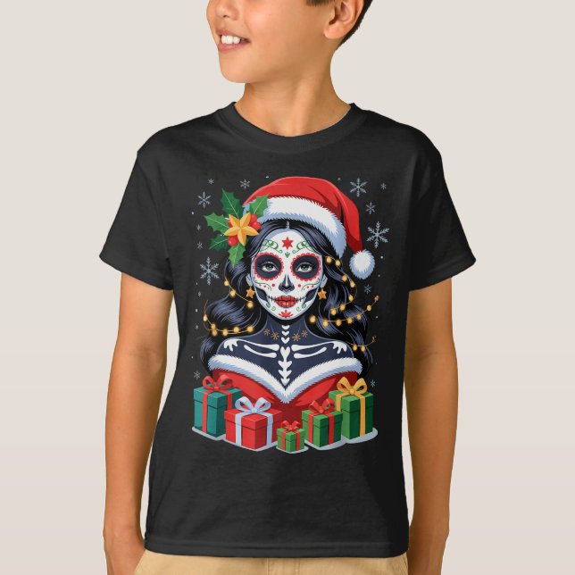Christmas Sugar Skull Art Woman Santa Hat Festive  T-Shirt (Front)