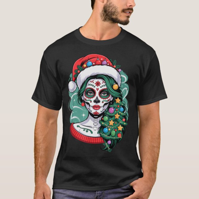 Christmas Sugar Skull Art Woman Santa Hat Festive  T-Shirt (Front)
