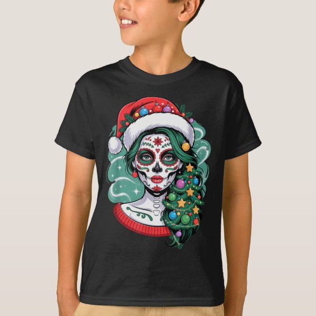 Christmas Sugar Skull Art Woman Santa Hat Festive  T-Shirt (Front)