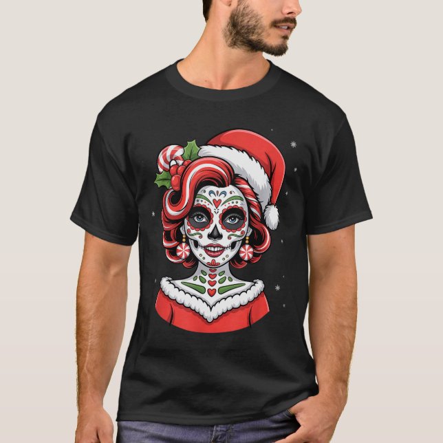 Christmas Sugar Skull Art Woman Santa Hat Festive  T-Shirt (Front)