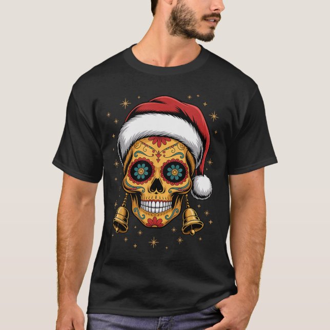 Christmas Sugar Skull Art Woman Santa Hat Festive  T-Shirt (Front)