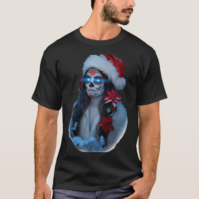 Christmas Sugar Skull Art Woman Santa Hat Festive  T-Shirt (Front)