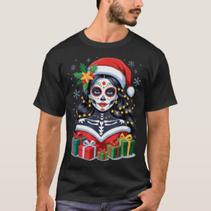 Christmas Sugar Skull Art Woman Santa Hat Festive  T-Shirt