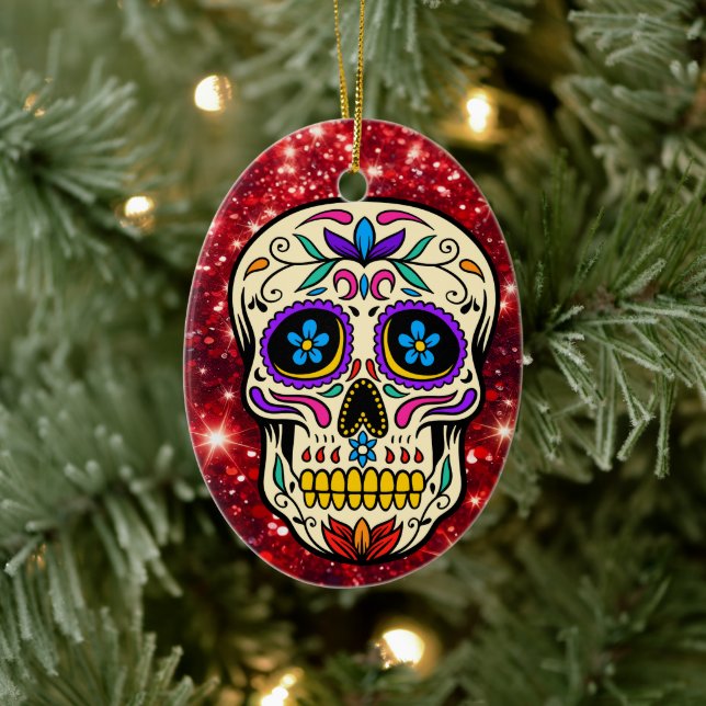 Christmas Sugar Skull Red Glitter  Ceramic Tree Decoration (Tree)