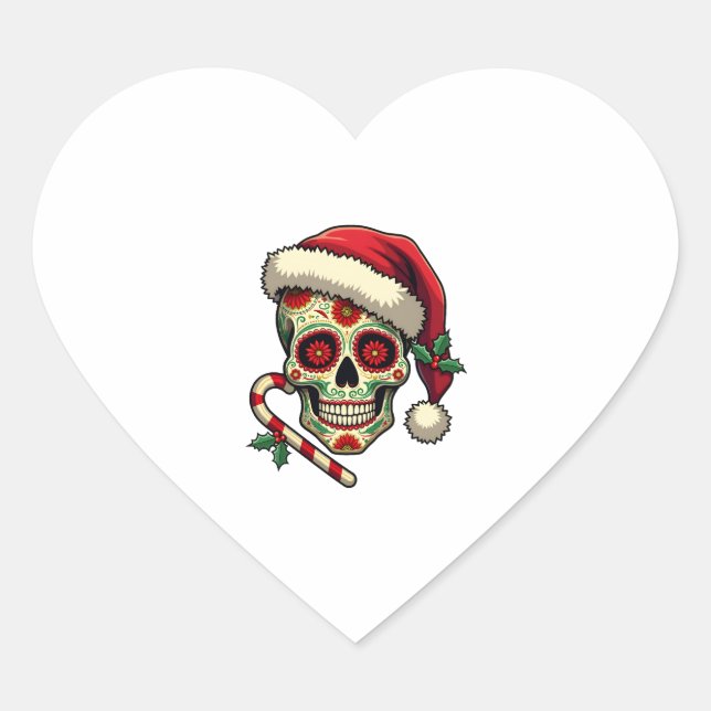 Christmas Sugar Skull Santa Hat Day Of The Dead Xm Heart Sticker (Front)