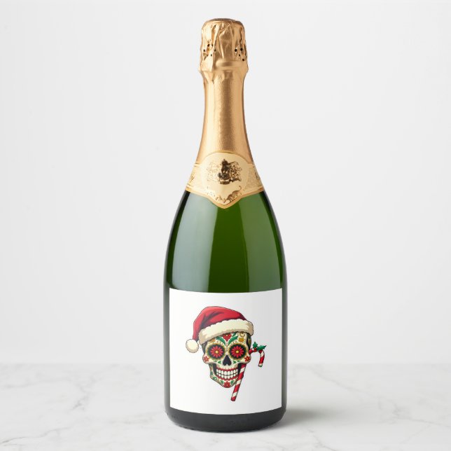 Christmas Sugar Skull Santa Hat Day Of The Dead Xm Sparkling Wine Label (Front)
