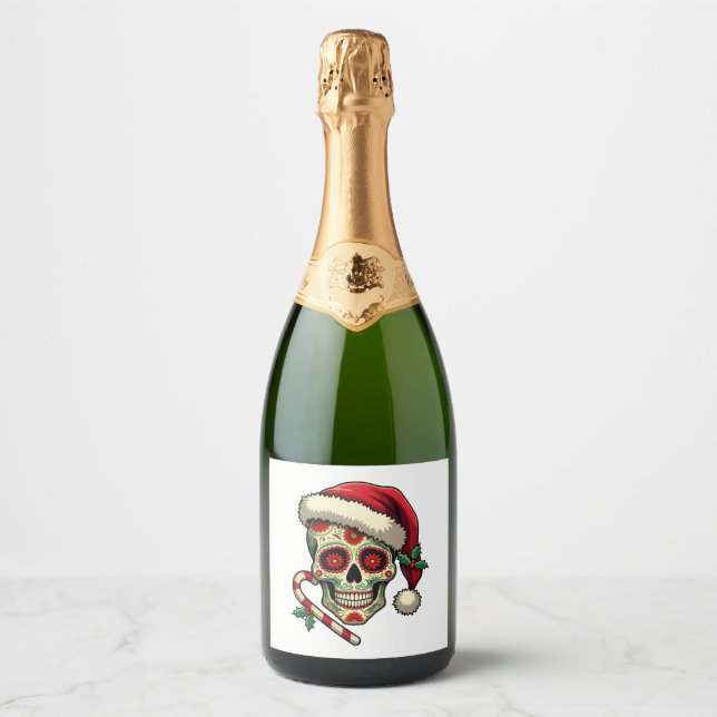 Christmas Sugar Skull Santa Hat Day Of The Dead Xm Sparkling Wine Label (Front)