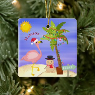 Christmas Summer Flamingo Beach Personalised Name Ceramic Ornament