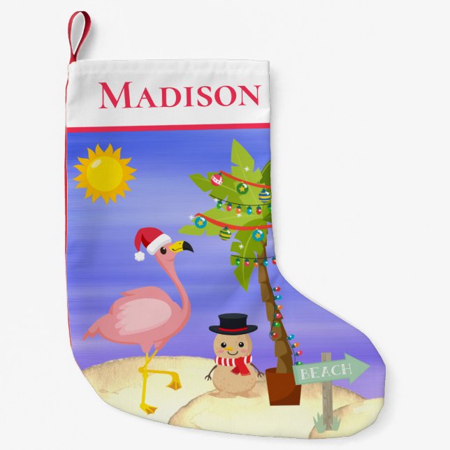 Christmas Summer Flamingo Beach Personalised Name Small Christmas Stocking (Front)