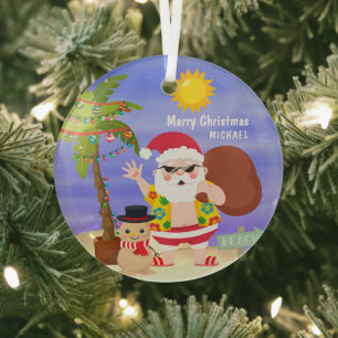 Christmas Summer Santa Beach Holidays Personalised Glass Tree Decoration