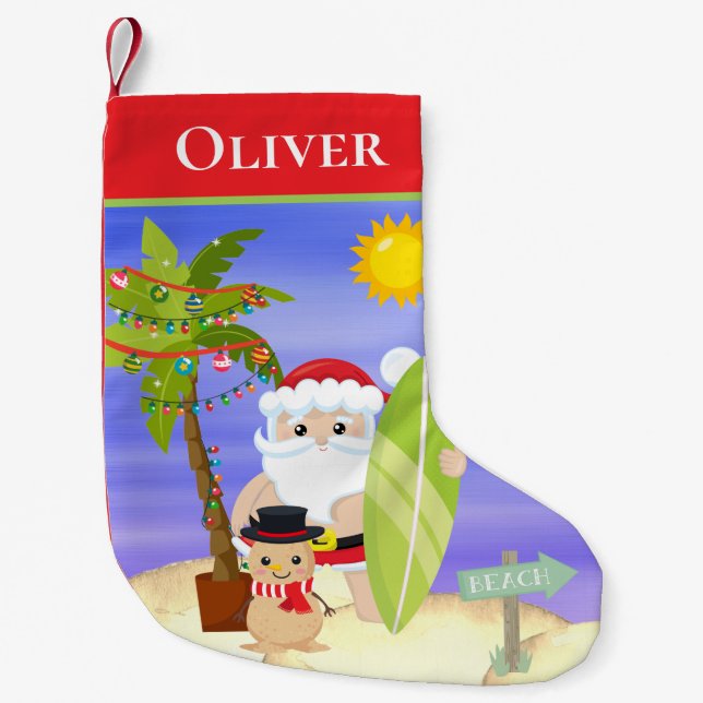 Christmas Summer Santa Beach Surfing Personalised Small Christmas Stocking (Front)