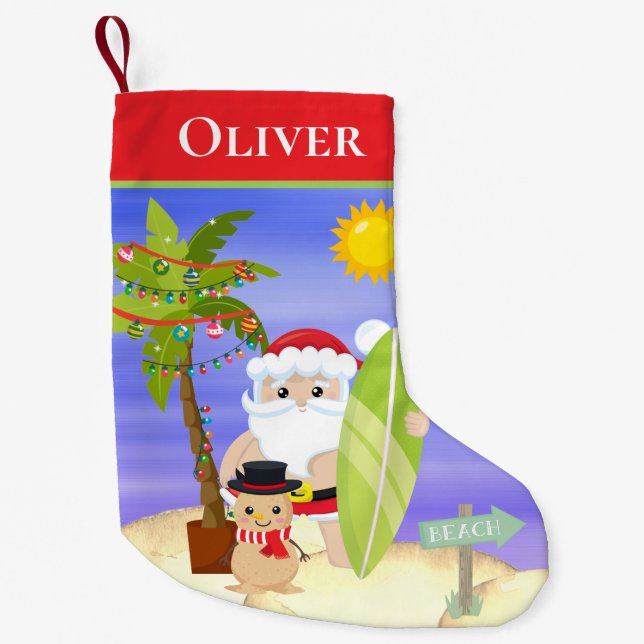 Christmas Summer Santa Beach Surfing Personalized Small Christmas Stocking (Front)