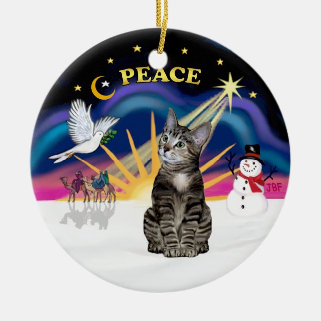 Christmas Sunrise - Brown Tabby Tiger cat Ceramic Tree Decoration (Front)