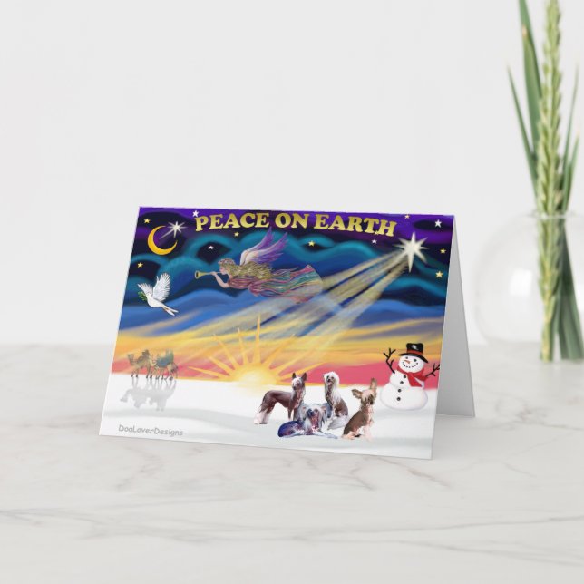 Christmas Sunrise - Chinese Cresteds (four) Holiday Card (Front)