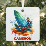 Christmas Surfboard Custom Name  Metal Tree Decoration<br><div class="desc">Ride the Holiday Wave with a Personalised Surfing Ornament! Catch the holiday spirit with this festive ornament designed for surfing enthusiasts! Featuring a surfboard nestled in the sand, encircled by a vibrant holiday wreath adorned with ornaments, poinsettias, and greenery, all in a beautiful watercolor style, this ornament brings beach vibes...</div>