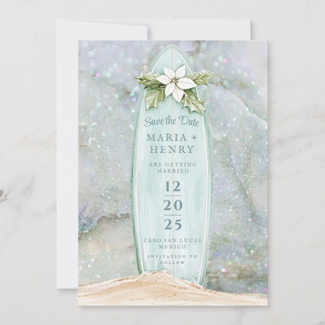 Christmas Surfboard | Winter Beach Save the Date (Front)
