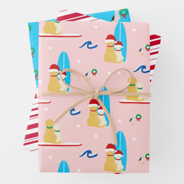 Christmas Surfing Dogs, Seagulls Gift Wrap Set 3 (In situ)
