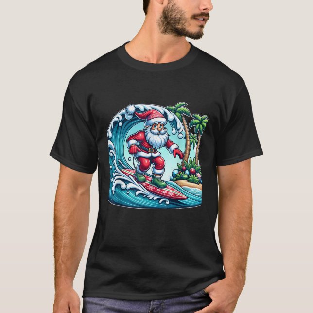 Christmas Surfing Santa Beach Surfboard Palms  T-Shirt (Front)