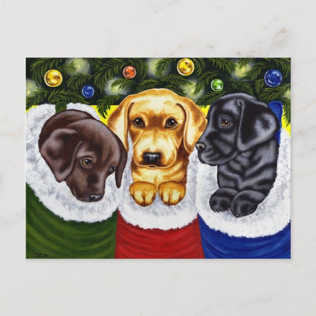 Christmas Surprise Labrador Puppies Holiday Postcard (Front)