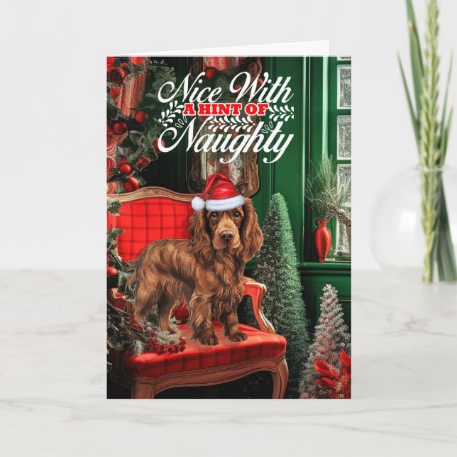 Christmas Sussex Spaniel Dog Naughty or Nice Holiday Card (Front)