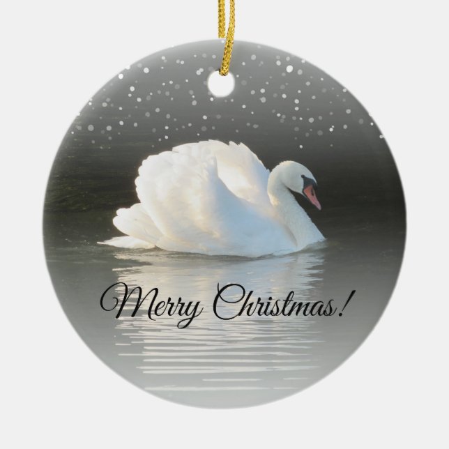 Christmas Swan on Snowy Lake Ceramic Tree Decoration (Front)