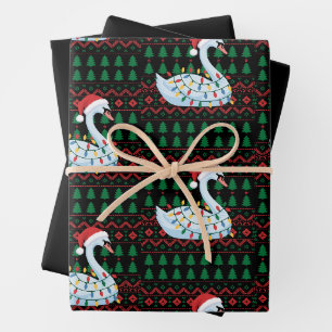 Christmas Swan Santa Hat Xmas Lights Ugly Sweater Wrapping Paper Sheet