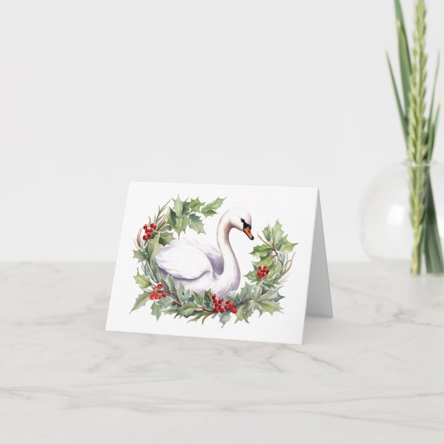 Christmas Swan with Holiday Wreath BLANK  Card (Front)