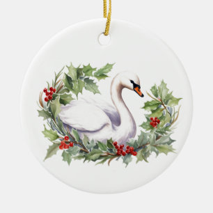 Christmas Swan with Holiday Wreath Ceramic Tree Decoration