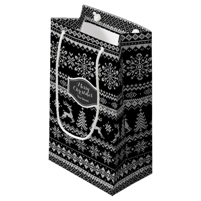 Christmas sweater black fair isle pattern monogram small gift bag (Front Angled)